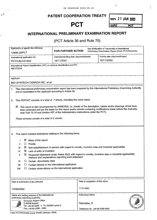 Document de brevet canadien 2429168. PCT 20030515. Image 1 de 14