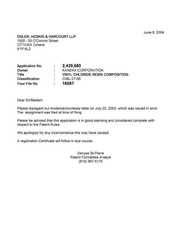 Document de brevet canadien 2429680. Correspondance 20040608. Image 1 de 1