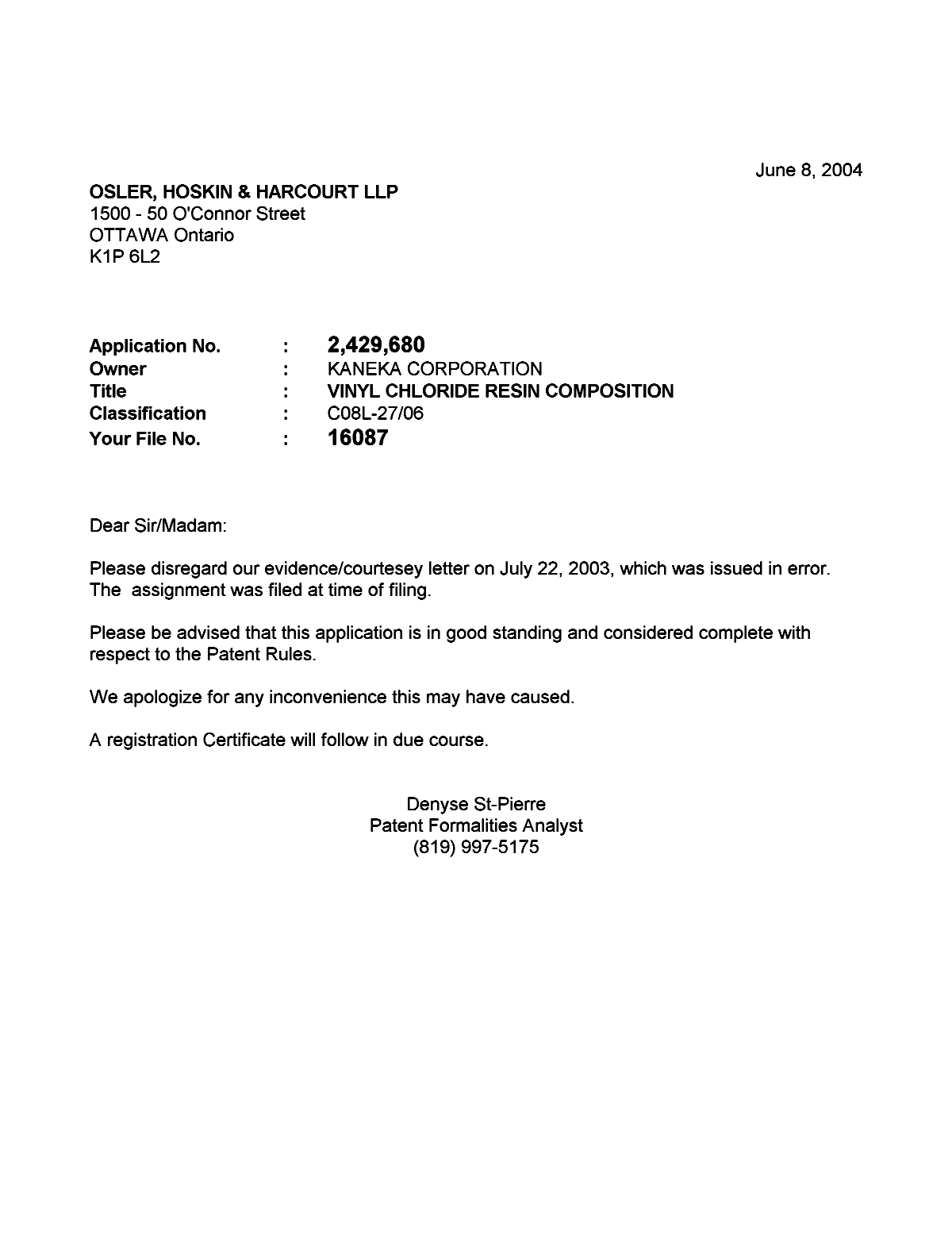 Canadian Patent Document 2429680. Correspondence 20040608. Image 1 of 1