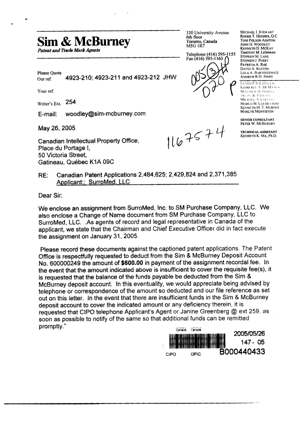 Document de brevet canadien 2429824. Cession 20050526. Image 1 de 10