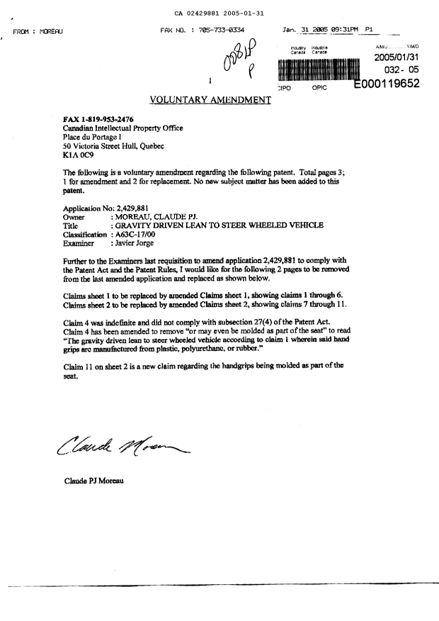 Document de brevet canadien 2429881. Poursuite-Amendment 20050131. Image 1 de 3