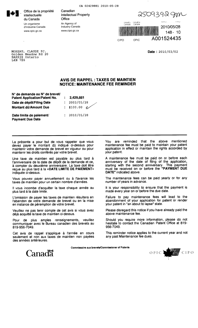 Document de brevet canadien 2429881. Taxes 20100528. Image 1 de 1