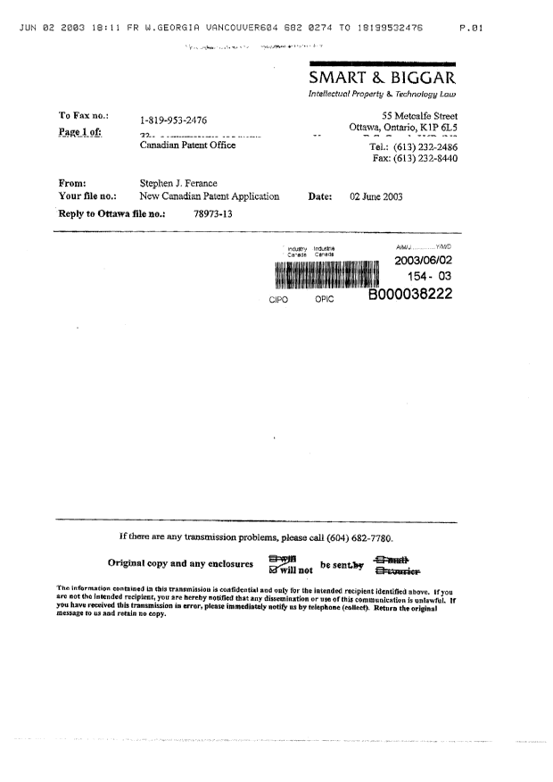 Document de brevet canadien 2429891. Cession 20030602. Image 1 de 4