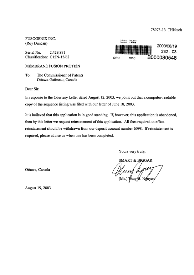 Document de brevet canadien 2429891. Poursuite-Amendment 20030819. Image 1 de 1