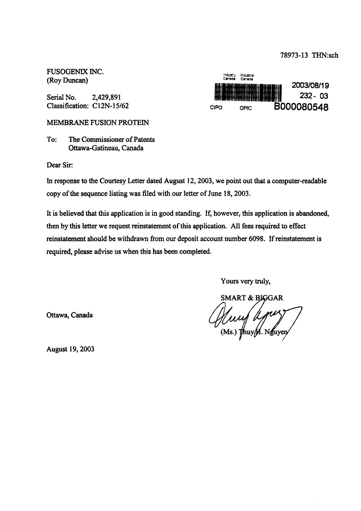 Canadian Patent Document 2429891. Prosecution-Amendment 20030819. Image 1 of 1