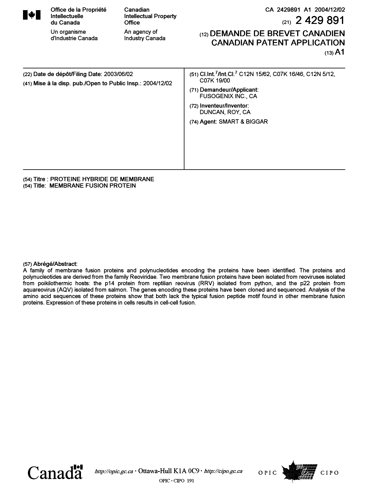 Document de brevet canadien 2429891. Page couverture 20041109. Image 1 de 1