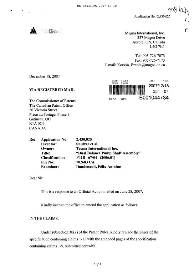 Document de brevet canadien 2430025. Poursuite-Amendment 20071218. Image 1 de 6