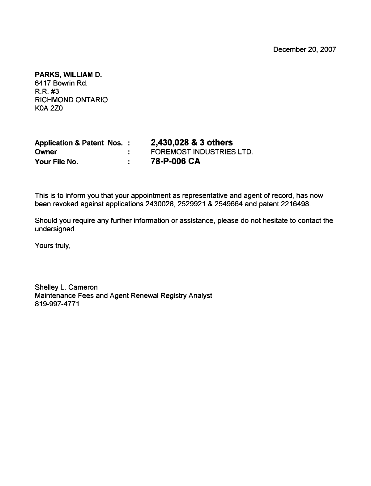 Canadian Patent Document 2430028. Correspondence 20071220. Image 1 of 1