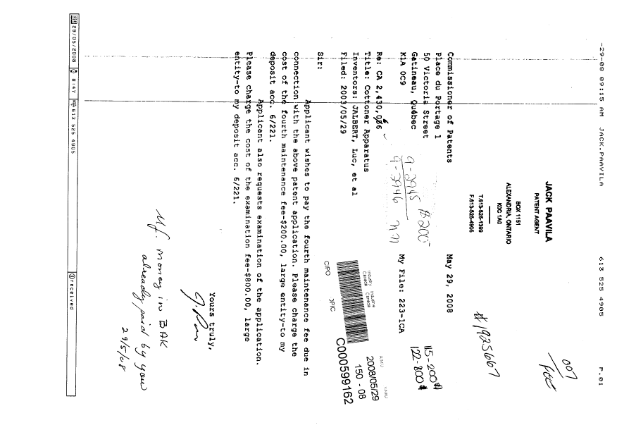 Canadian Patent Document 2430066. Fees 20080529. Image 1 of 1