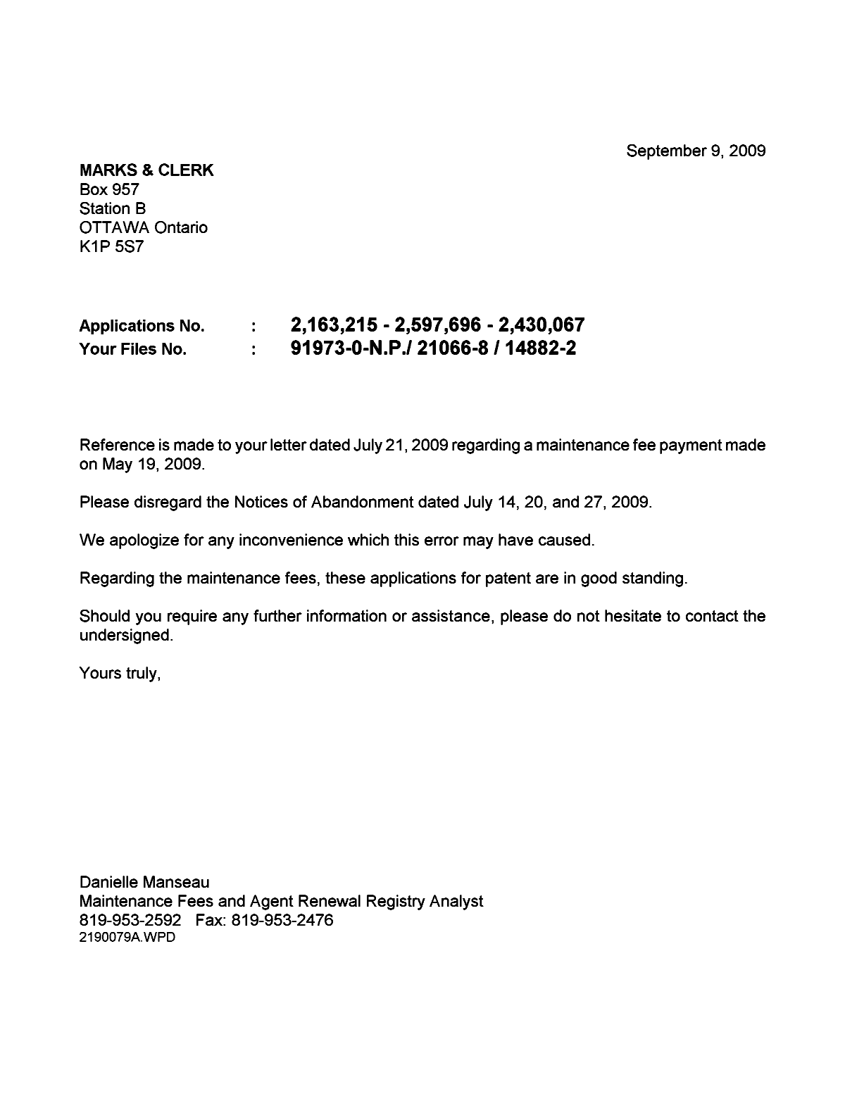 Canadian Patent Document 2430067. Correspondence 20090909. Image 1 of 1