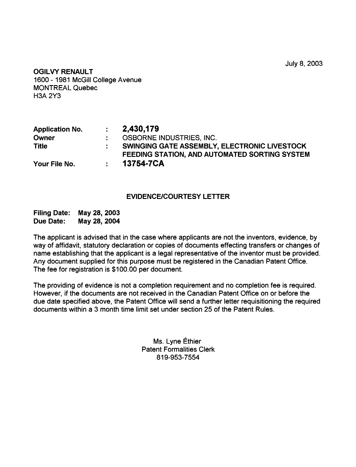 Canadian Patent Document 2430179. Correspondence 20030702. Image 1 of 1