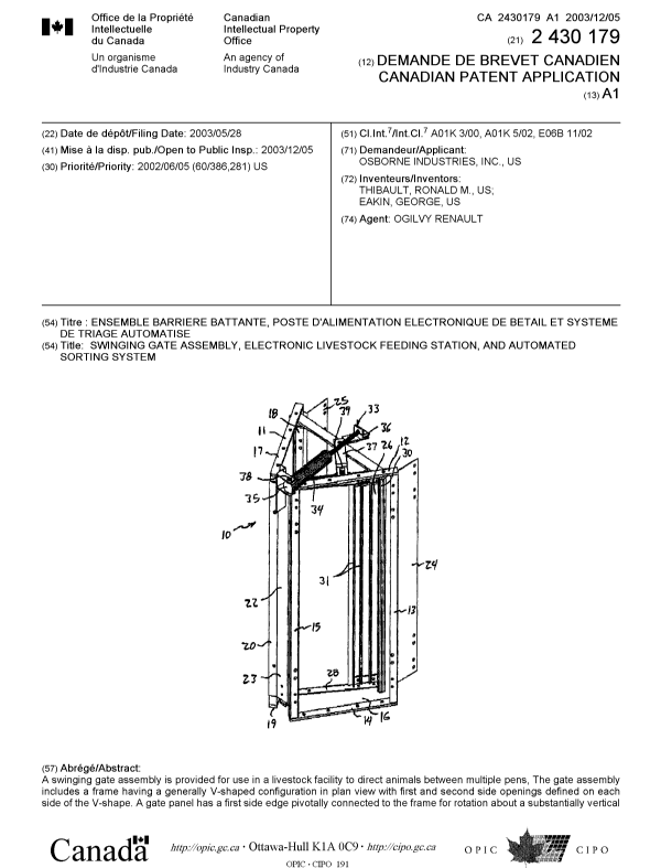 Document de brevet canadien 2430179. Page couverture 20031107. Image 1 de 2