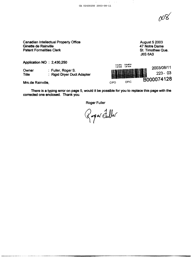 Canadian Patent Document 2430250. Prosecution-Amendment 20030811. Image 1 of 2