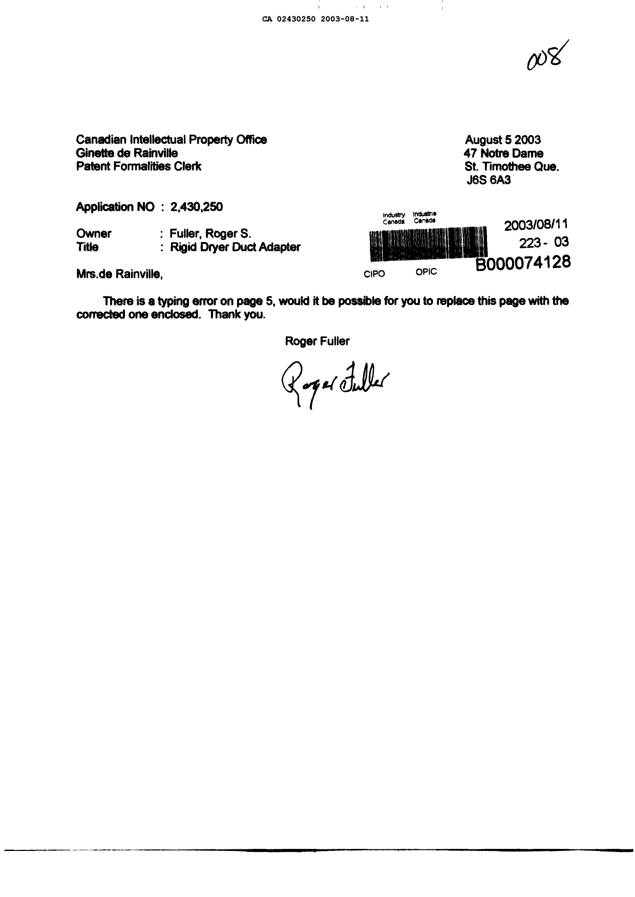 Document de brevet canadien 2430250. Poursuite-Amendment 20030811. Image 1 de 2