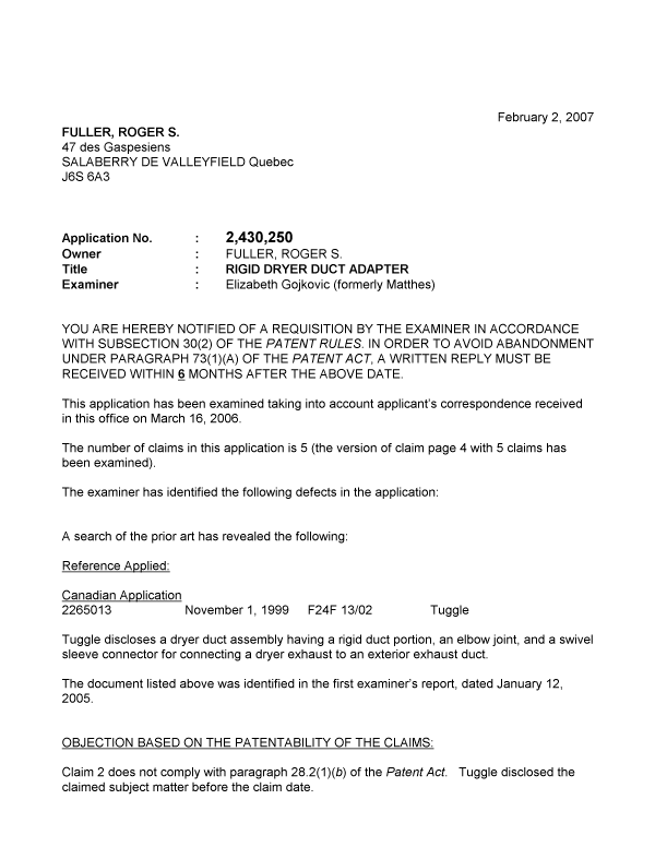 Document de brevet canadien 2430250. Poursuite-Amendment 20070202. Image 1 de 4