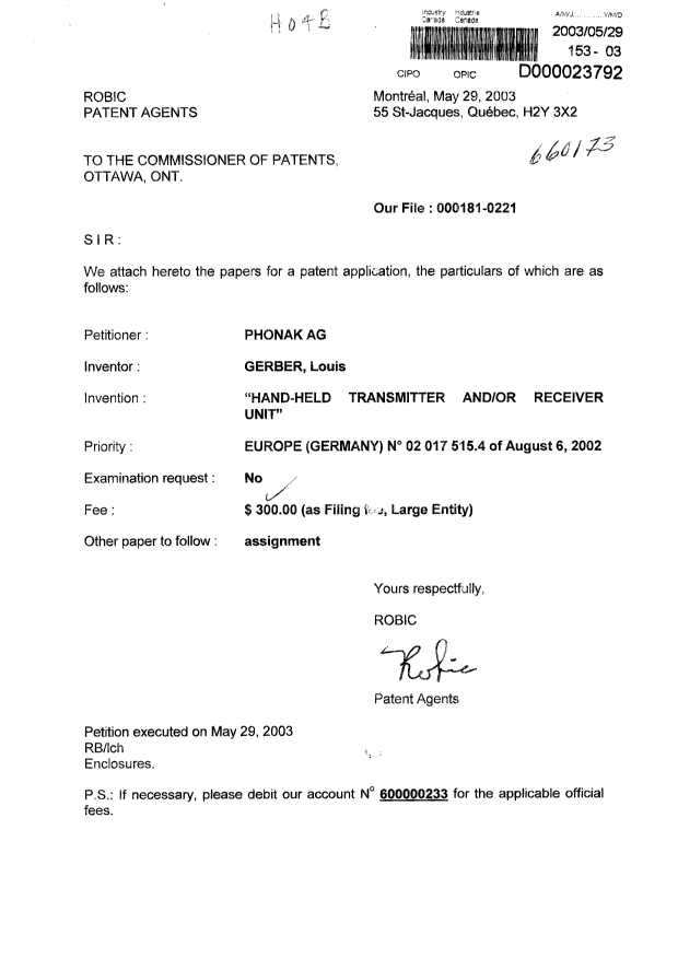 Document de brevet canadien 2430380. Cession 20030529. Image 1 de 3