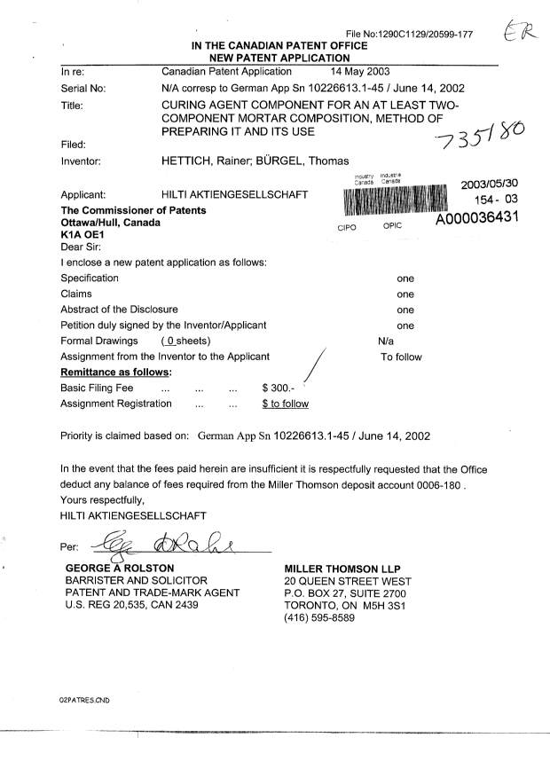 Document de brevet canadien 2430425. Cession 20030530. Image 1 de 5