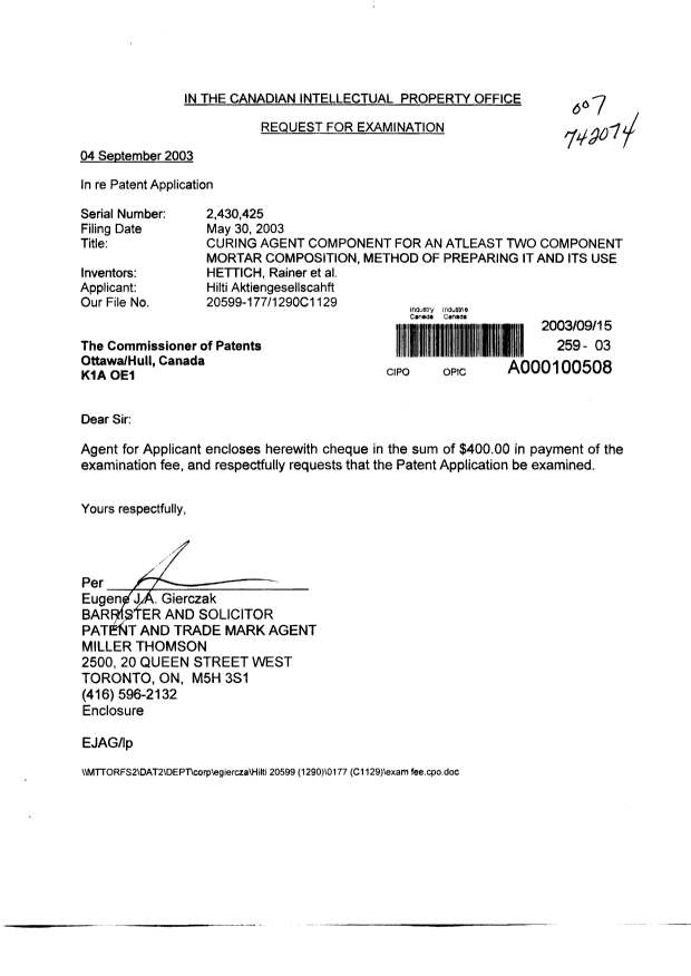 Canadian Patent Document 2430425. Prosecution-Amendment 20030915. Image 1 of 1