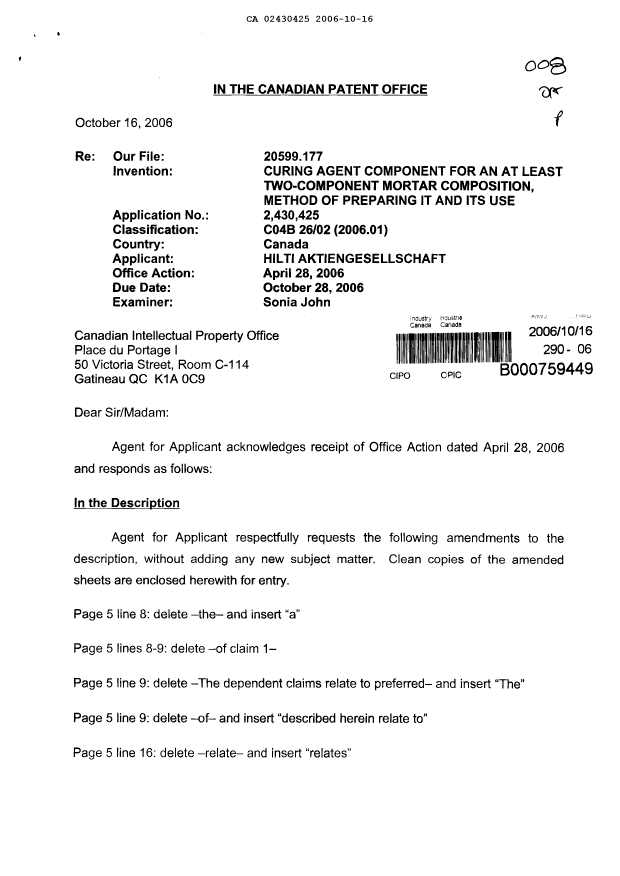Document de brevet canadien 2430425. Poursuite-Amendment 20061016. Image 1 de 20