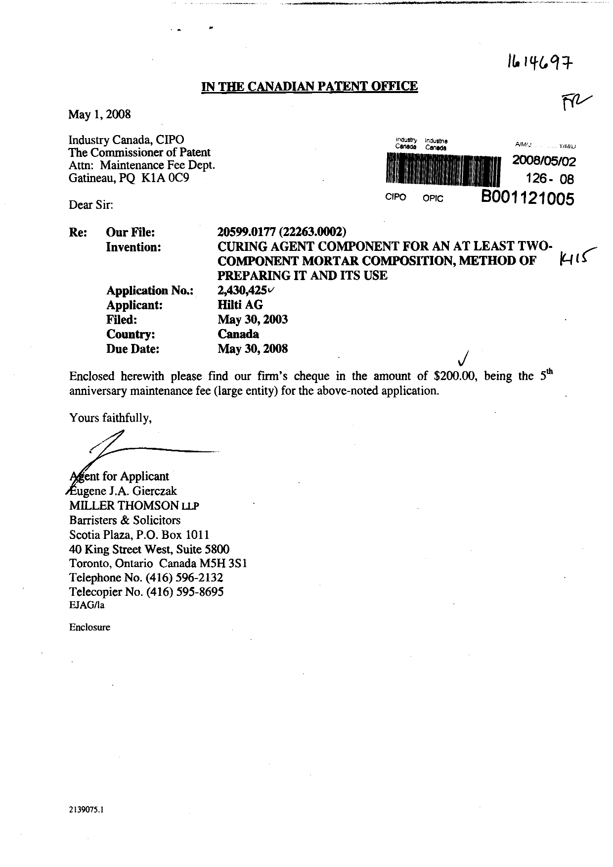 Canadian Patent Document 2430425. Fees 20080502. Image 1 of 1