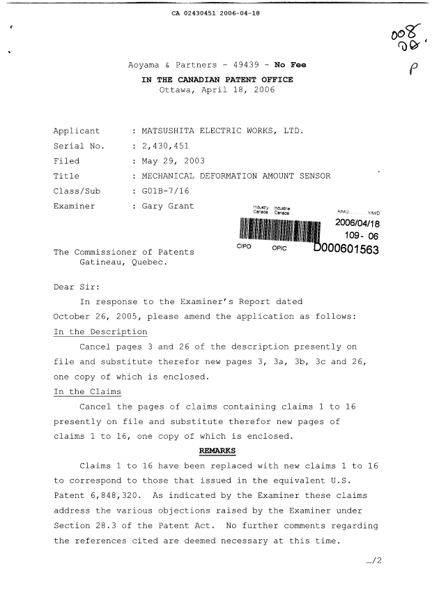 Canadian Patent Document 2430451. Prosecution-Amendment 20060418. Image 1 of 14