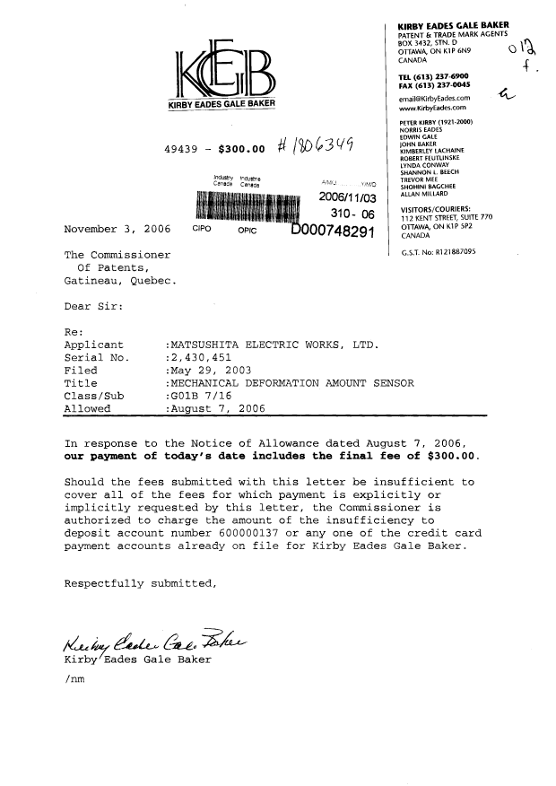 Canadian Patent Document 2430451. Correspondence 20061103. Image 1 of 1