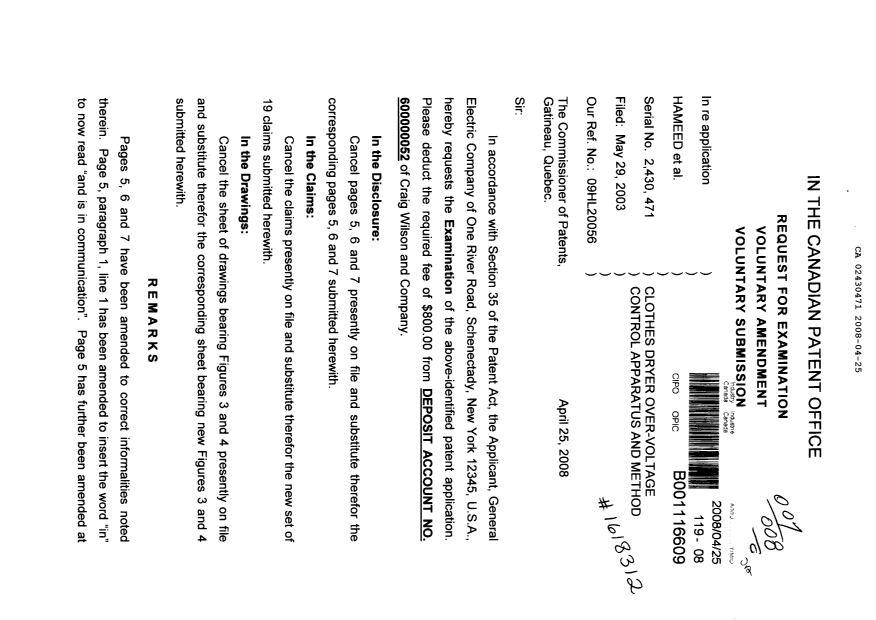 Document de brevet canadien 2430471. Poursuite-Amendment 20080425. Image 1 de 11