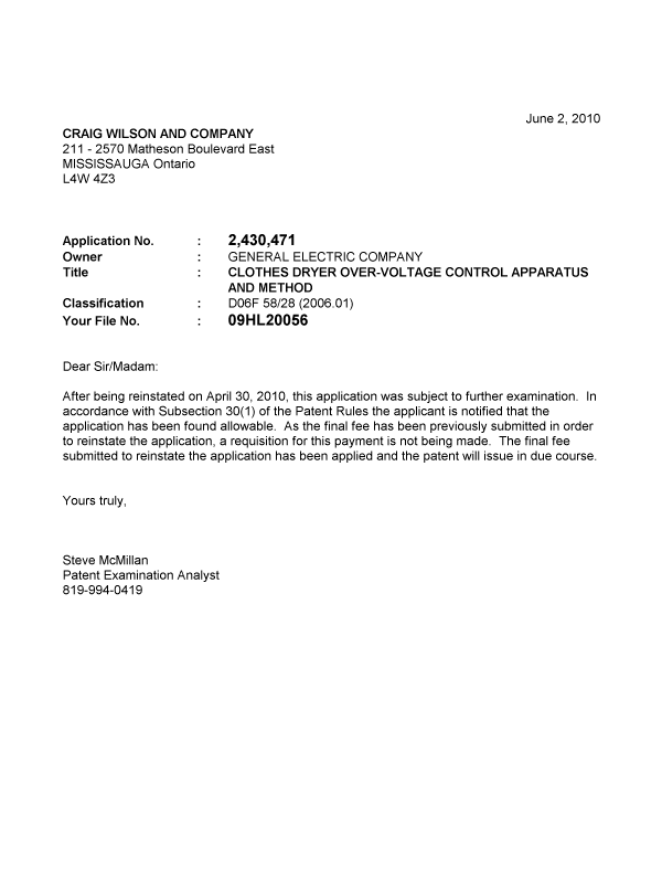 Canadian Patent Document 2430471. Correspondence 20091202. Image 1 of 1