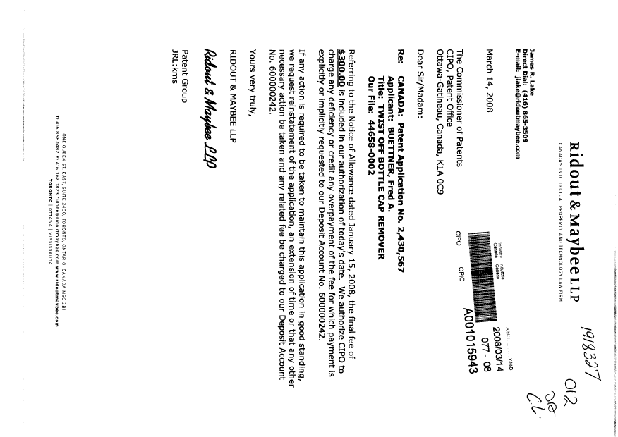 Canadian Patent Document 2430567. Correspondence 20080314. Image 1 of 1