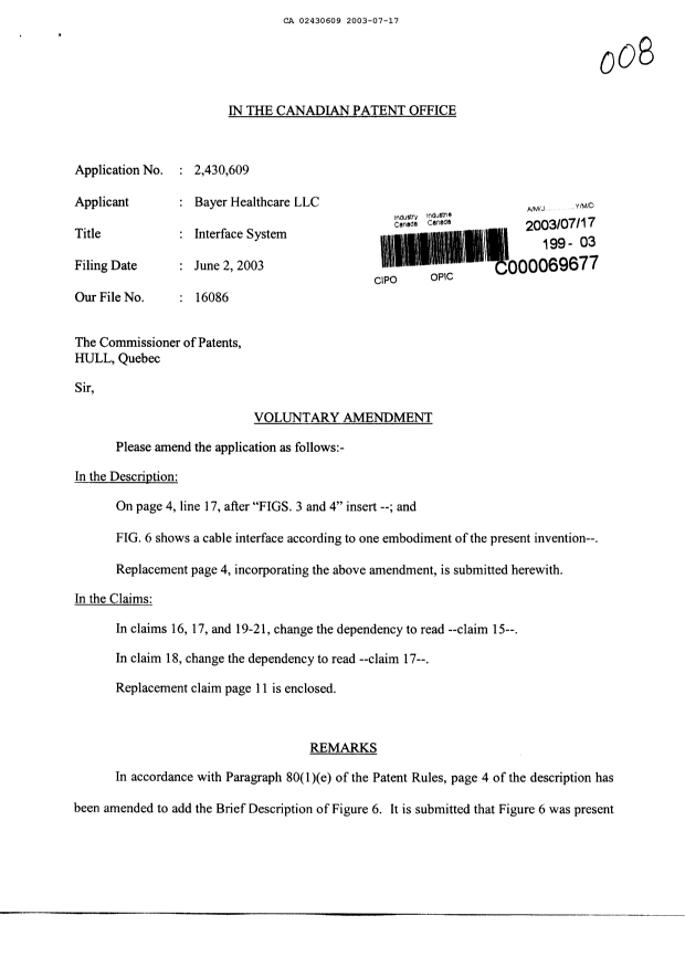 Canadian Patent Document 2430609. Prosecution-Amendment 20030717. Image 1 of 4