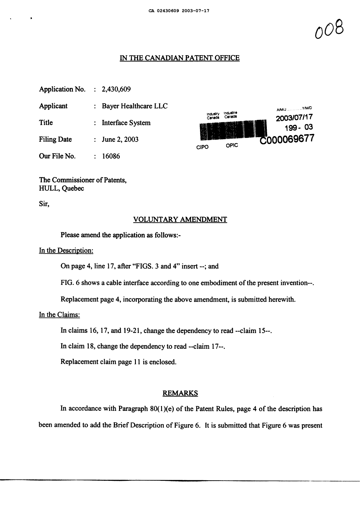 Canadian Patent Document 2430609. Prosecution-Amendment 20030717. Image 1 of 4
