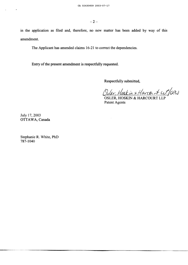 Canadian Patent Document 2430609. Prosecution-Amendment 20030717. Image 2 of 4