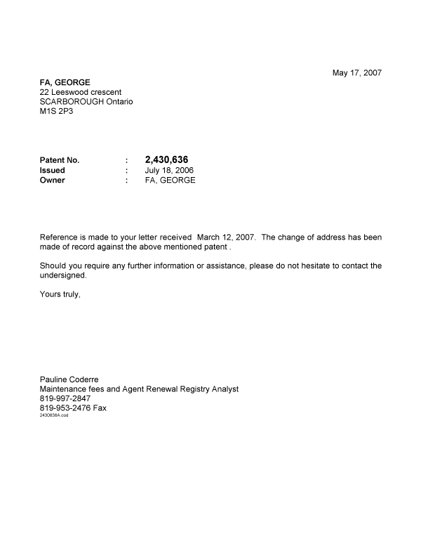 Document de brevet canadien 2430636. Correspondance 20061217. Image 1 de 1