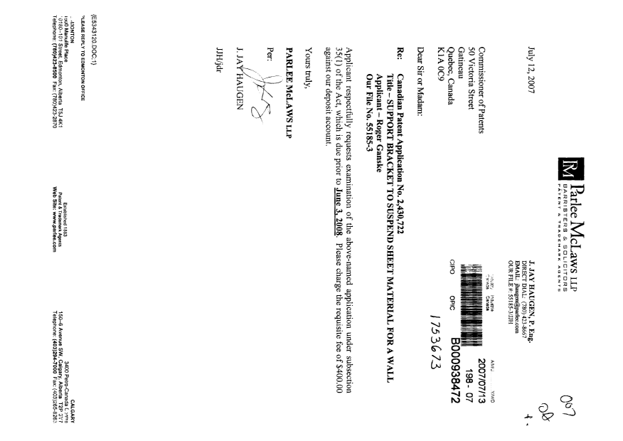 Canadian Patent Document 2430722. Prosecution-Amendment 20070713. Image 1 of 1