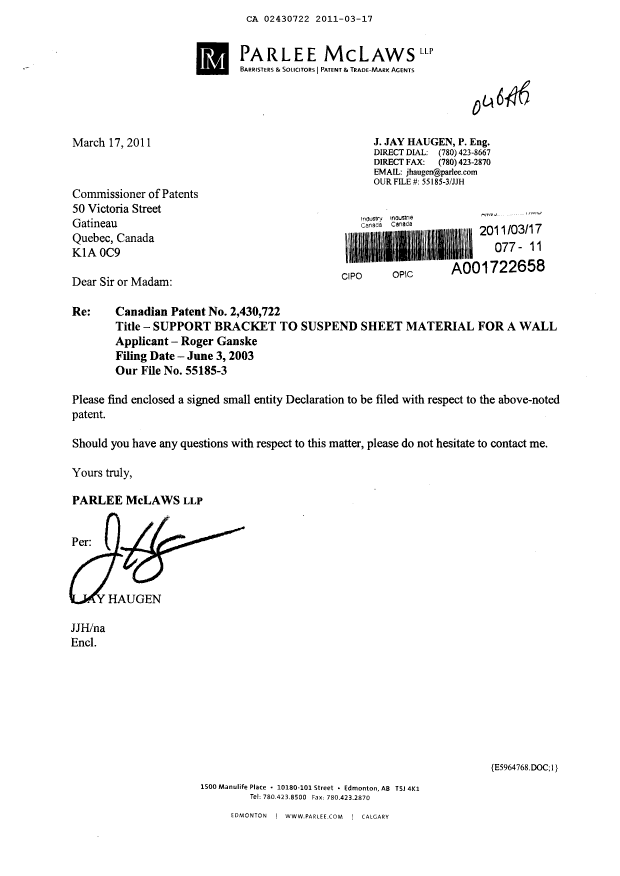 Document de brevet canadien 2430722. Correspondance 20110317. Image 1 de 2