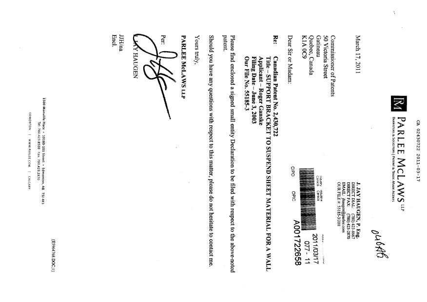 Canadian Patent Document 2430722. Correspondence 20110317. Image 1 of 2
