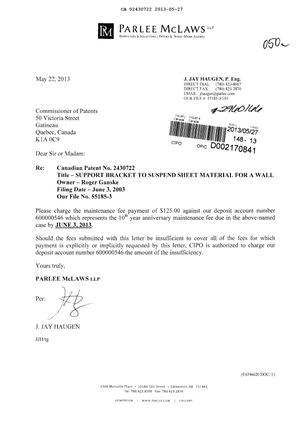 Document de brevet canadien 2430722. Taxes 20130527. Image 1 de 1
