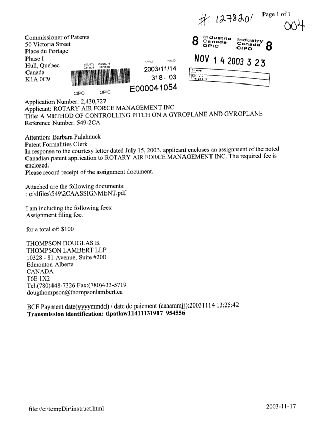 Canadian Patent Document 2430727. Assignment 20031114. Image 1 of 3