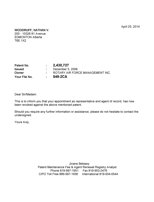 Document de brevet canadien 2430727. Correspondance 20140425. Image 1 de 1