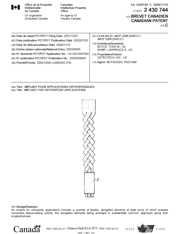 Document de brevet canadien 2430744. Page couverture 20091014. Image 1 de 1