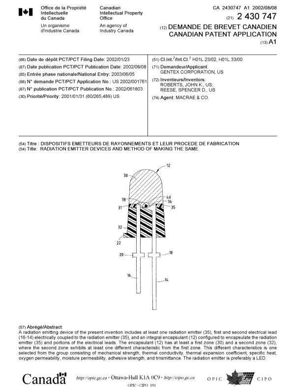 Canadian Patent Document 2430747. Cover Page 20021231. Image 1 of 1