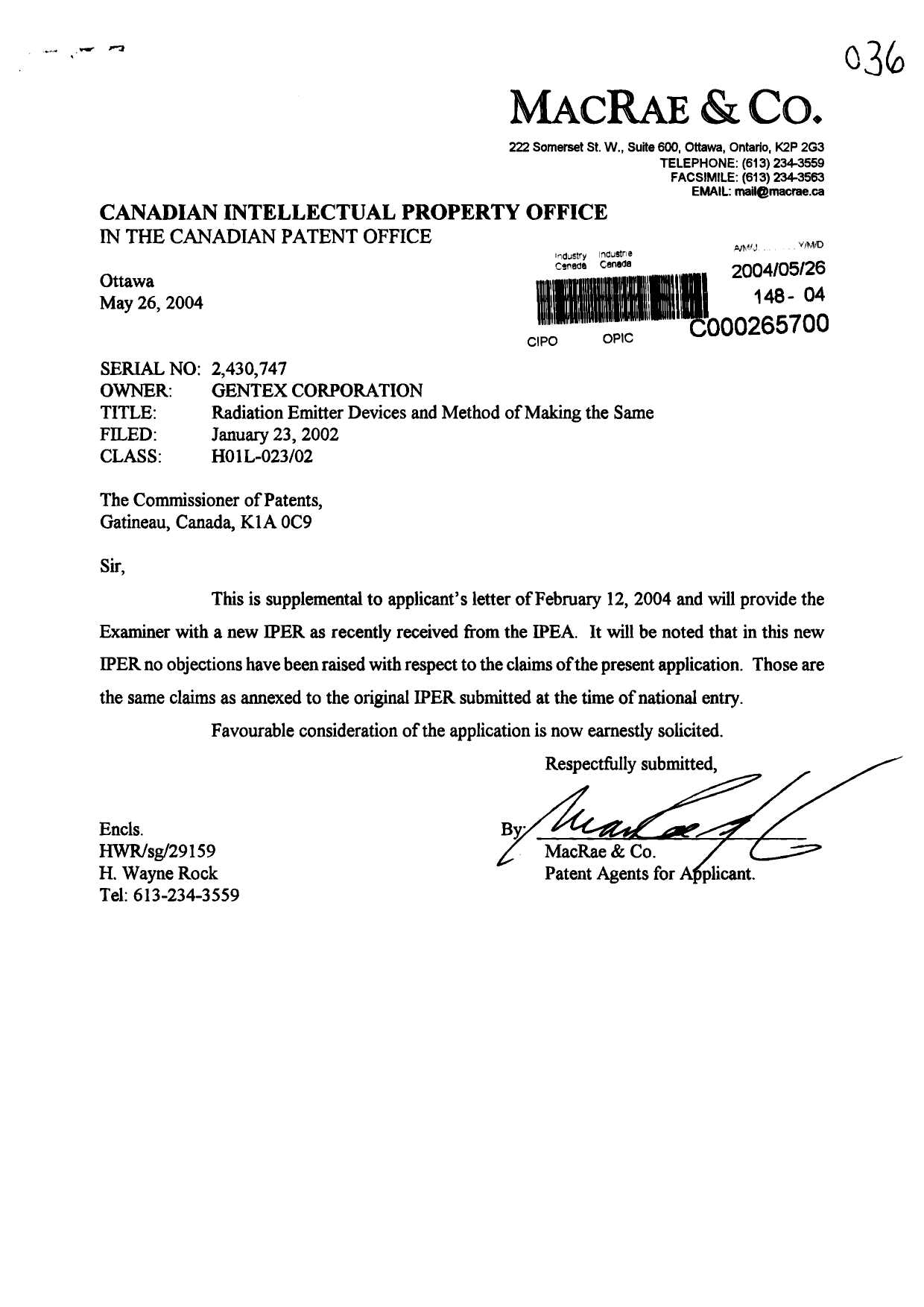 Canadian Patent Document 2430747. Prosecution-Amendment 20040526. Image 1 of 1