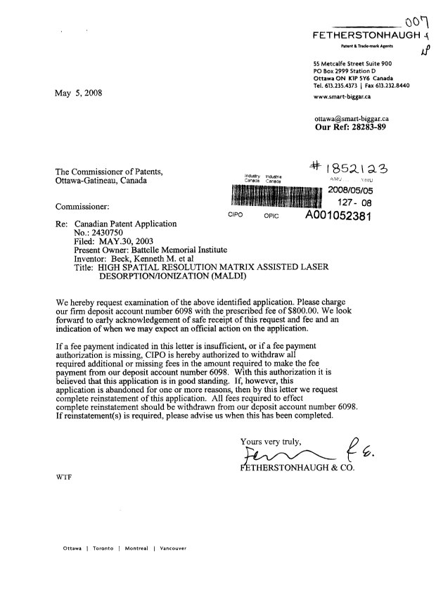 Document de brevet canadien 2430750. Poursuite-Amendment 20080505. Image 1 de 1