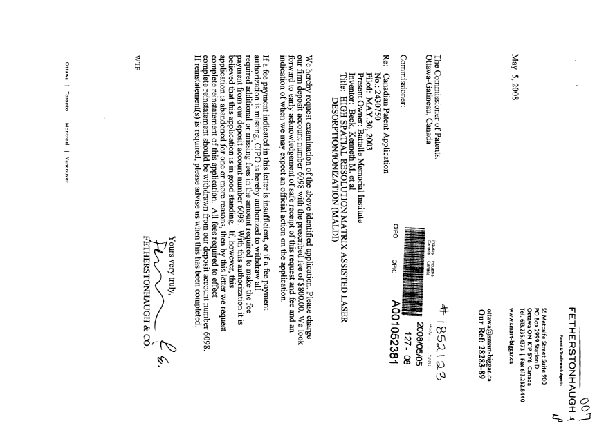 Canadian Patent Document 2430750. Prosecution-Amendment 20080505. Image 1 of 1