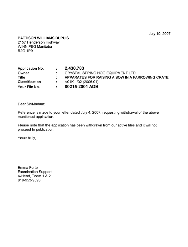 Document de brevet canadien 2430783. Correspondance 20070710. Image 1 de 1