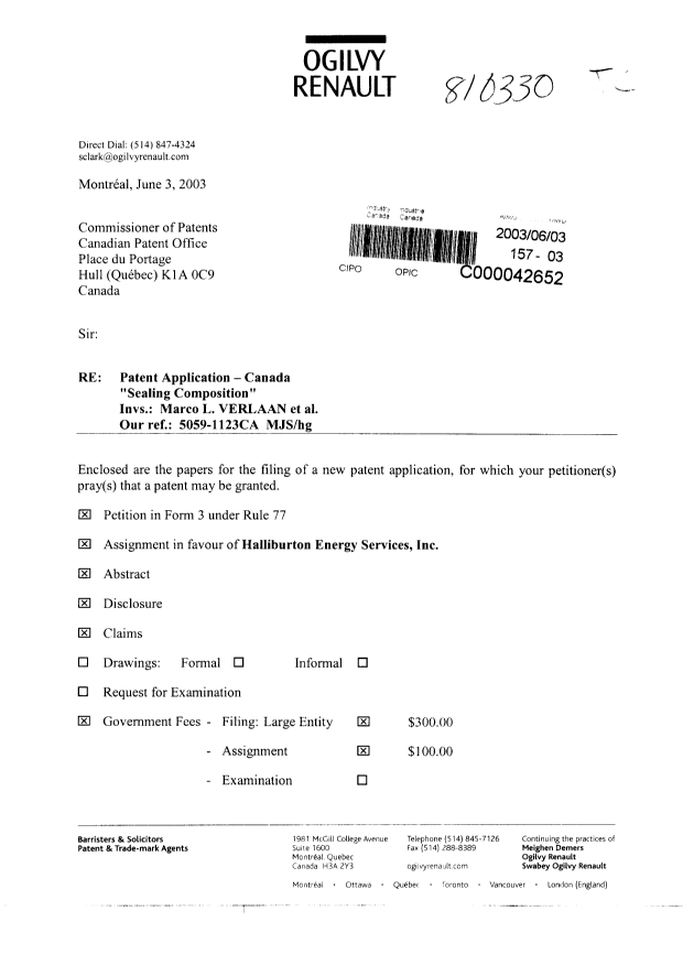 Document de brevet canadien 2430792. Cession 20030603. Image 1 de 7
