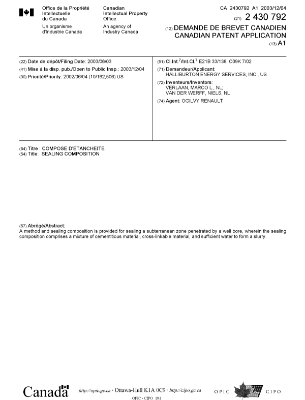 Document de brevet canadien 2430792. Page couverture 20031107. Image 1 de 1
