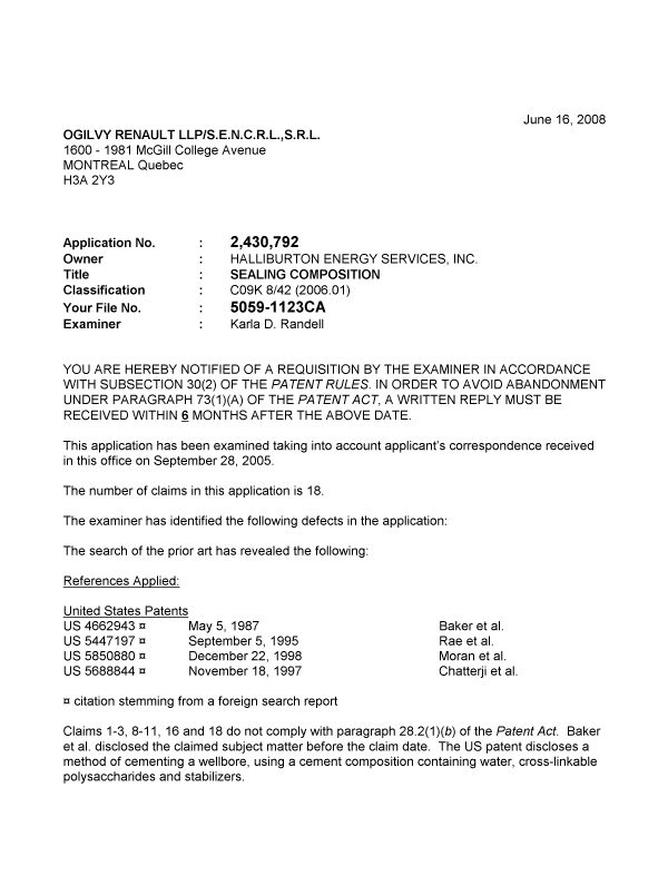 Document de brevet canadien 2430792. Poursuite-Amendment 20080616. Image 1 de 2