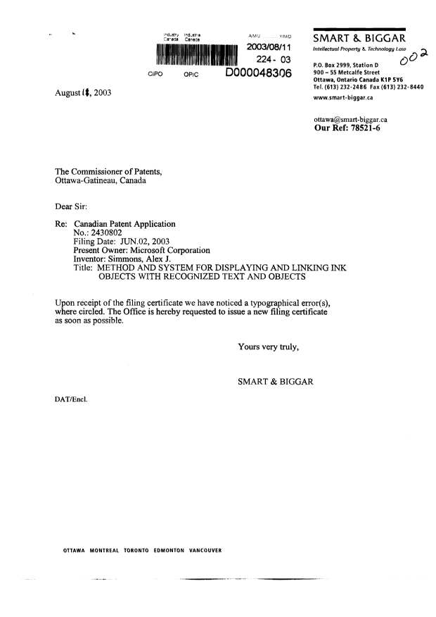 Canadian Patent Document 2430802. Correspondence 20030811. Image 1 of 2