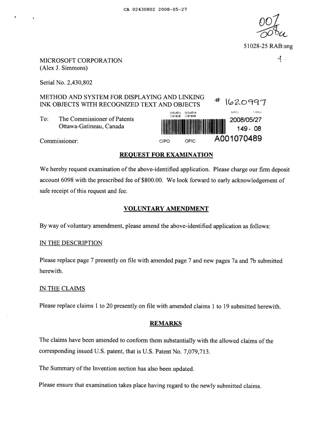 Canadian Patent Document 2430802. Prosecution-Amendment 20080527. Image 1 of 11
